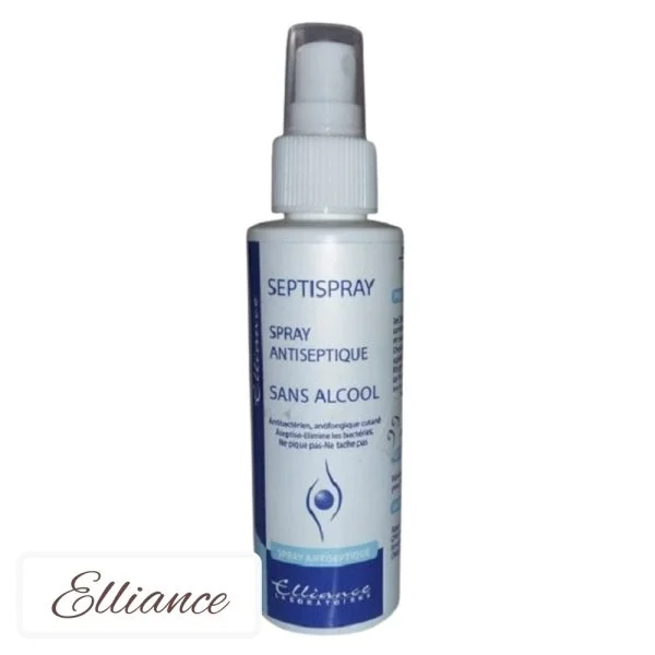 Flacon spray bleu et blanc Elliance Septispray, antiseptique cutané sans alcool