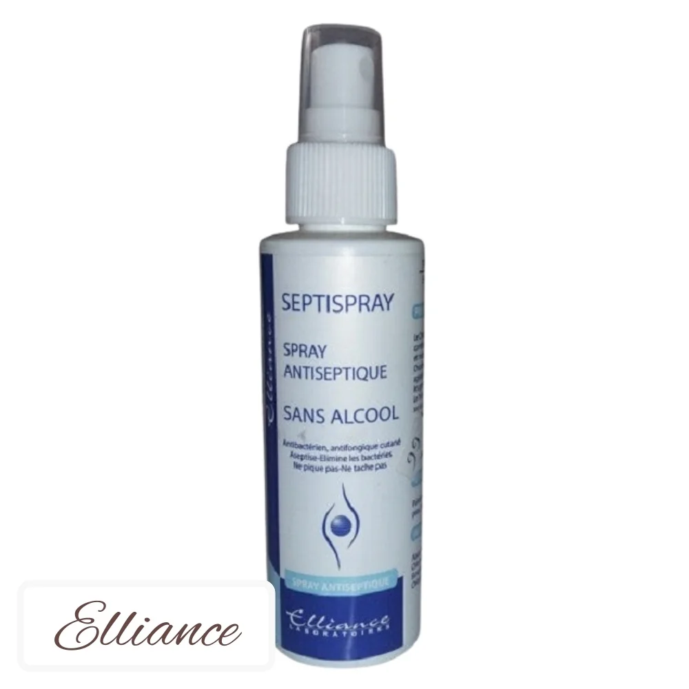 elliance-septissray-spray-antiseptique-sans-alcool-125ml.jpg Flacon spray bleu et blanc Elliance Septispray, antiseptique cutané sans alcool