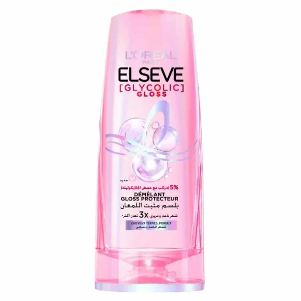 elseve-glycolic-gloss-demelant-gloss-protecteur-200ml.jpg Flacon rose Elseve Glycolic Gloss démêlant gloss protecteur 200 ml cheveux ternes