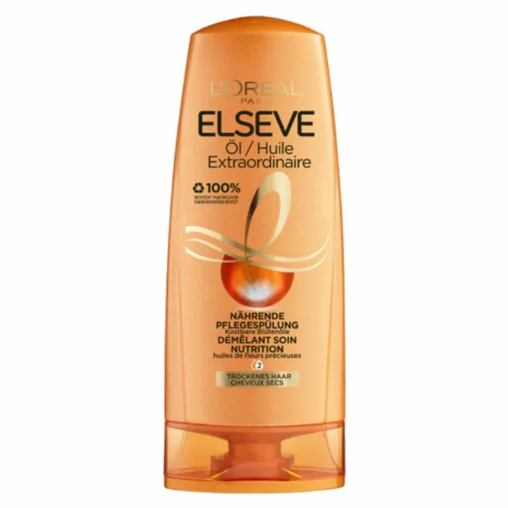 elseve-huile-extraordinaire-demelant-soin-nutrition-eclat-200ml.jpg Flacon orange Elseve Huile Extraordinaire démêlant soin nutrition cheveux secs 200 ml