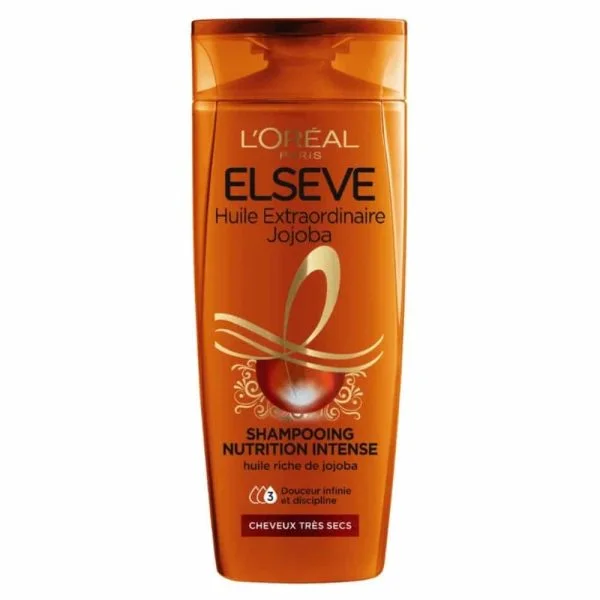 Grand flacon orange Elseve Huile Extraordinaire Jojoba shampoing nutrition intense 400 ml