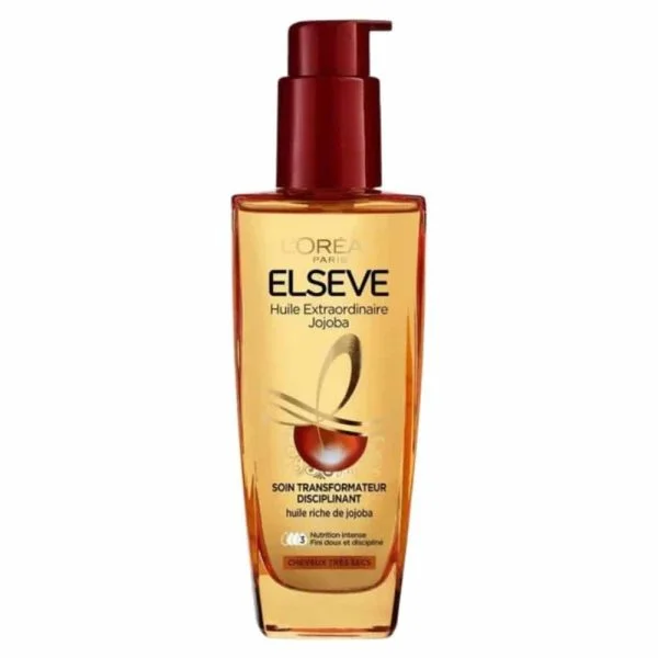 Flacon pompe doré Elseve Huile Extraordinaire Jojoba soin transformateur disciplinant 100 ml