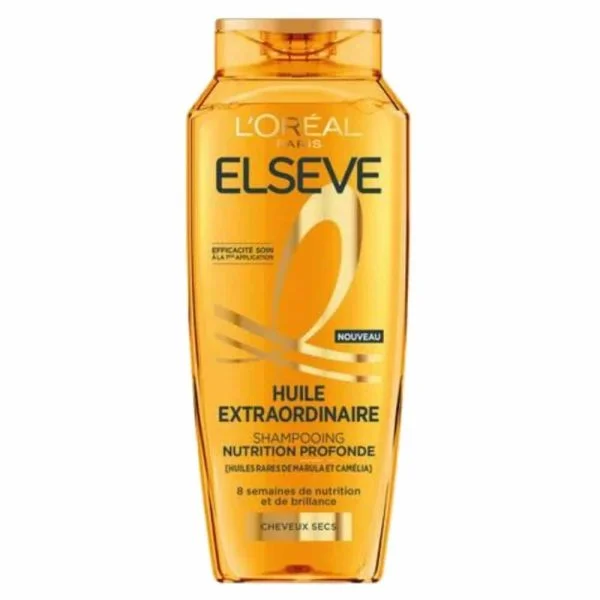 Flacon orange doré Elseve Huile Extraordinaire shampoing nutrition profonde cheveux secs