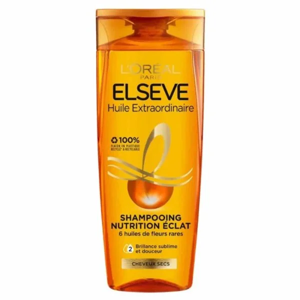 Grand flacon orange Elseve Huile Extraordinaire shampoing nutrition éclat 400 ml