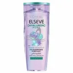 Flacon violet Elseve Hyaluron Pure shampoing purifiant 72h racines grasses 200 ml