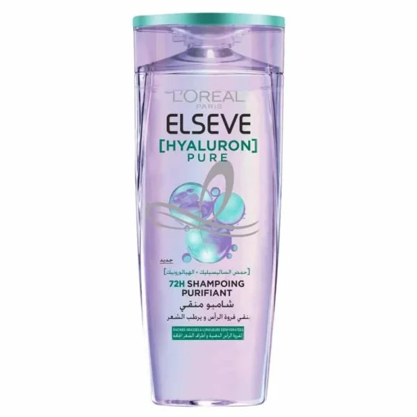 Flacon violet Elseve Hyaluron Pure shampoing purifiant 72h racines grasses 200 ml