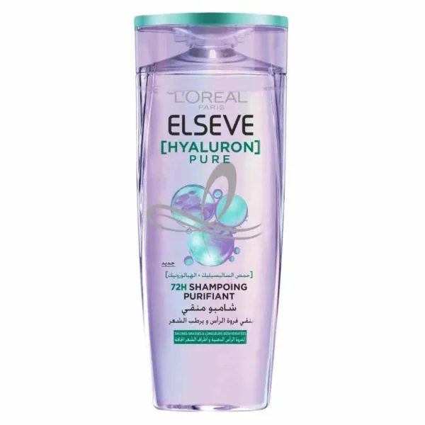 Grand flacon violet Elseve Hyaluron Pure shampoing purifiant 72h 400 ml
