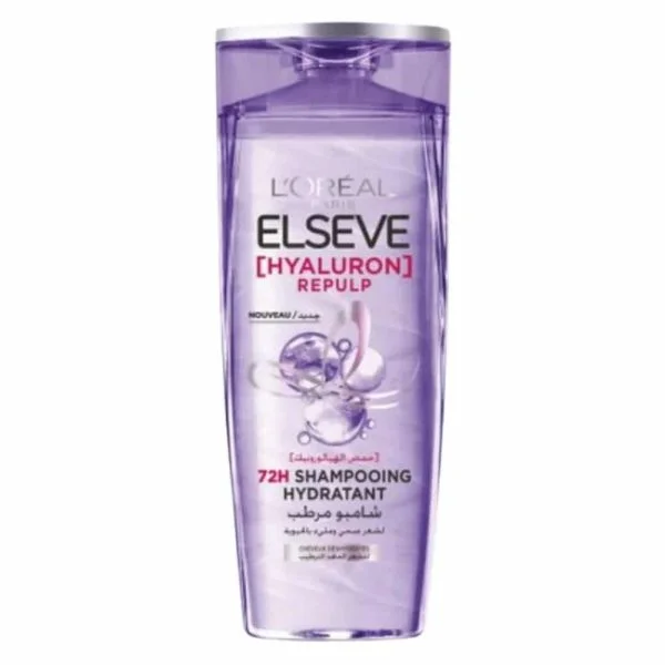 Flacon violet transparent Elseve Hyaluron Repulp shampoing hydratant 72h