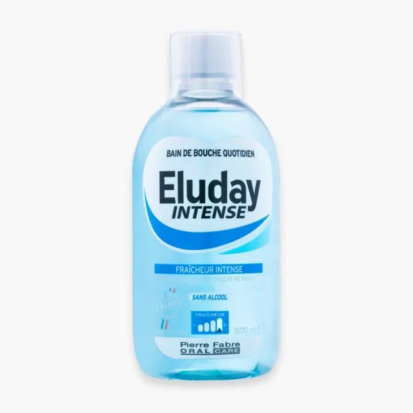 Flacon bleu Eluday Intense 500 ml, bain de bouche quotidien sans alcool