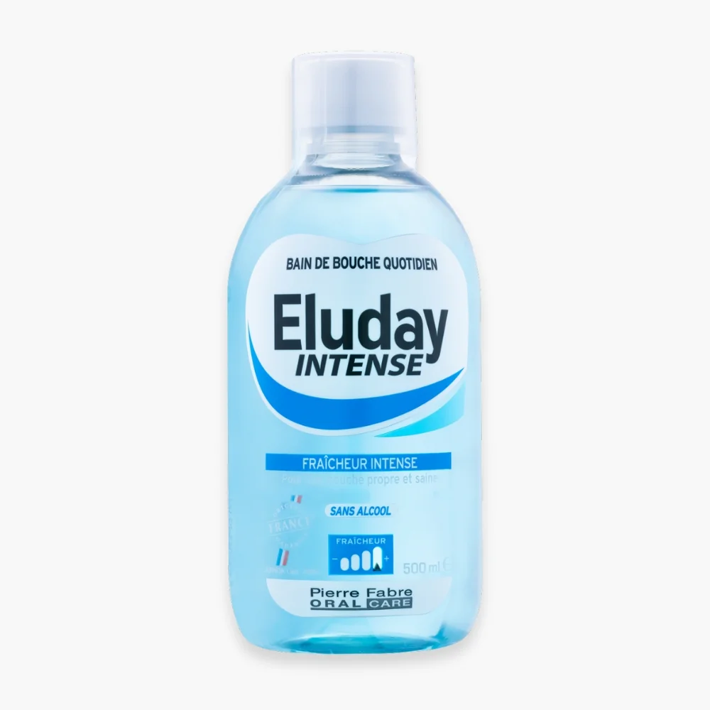 eluday-bain-de-bouche-fraicheur-intense-500ml.jpg Flacon bleu Eluday Intense 500 ml, bain de bouche quotidien sans alcool