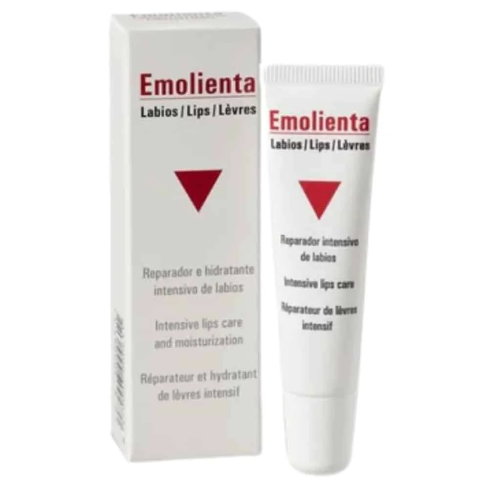 emolienta-lips-reparateur-et-hydratant-intensif-des-levres-15ml.jpg Étui et tube blancs Emolienta Lips, soin réparateur intensif des lèvres