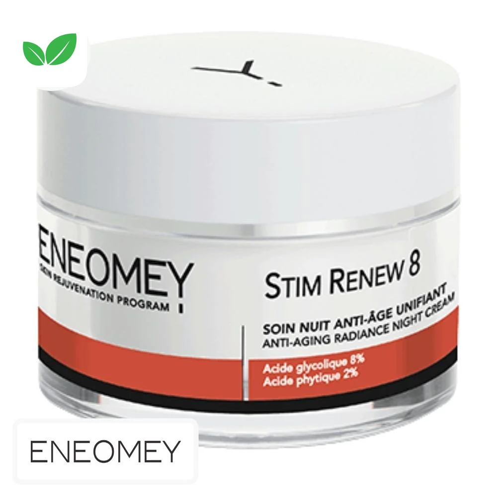 eneomey-stim-renew-8-soin-de-nuit-anti-age-unifiante-50ml.jpg Pot blanc et orange Eneomey Stim Renew 8, soin de nuit unifiant visage