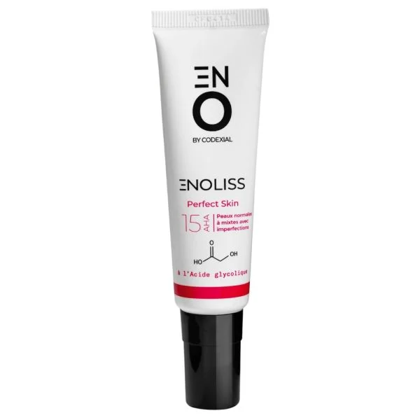 Tube blanc Enoliss Perfect Skin 15 AHA avec bouchon noir, fond blanc