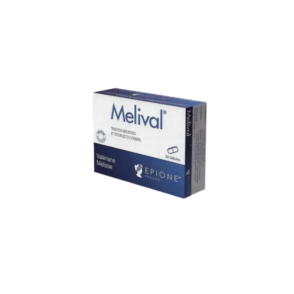 epione-melival-valeriane-melisse-30-gelules.jpg Boîte bleue et blanche Epione Melival, valériane mélisse, 30 gélules