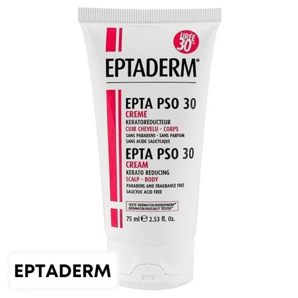 Tube blanc et rouge Eptaderm Epta PSO 30, urée 30 %