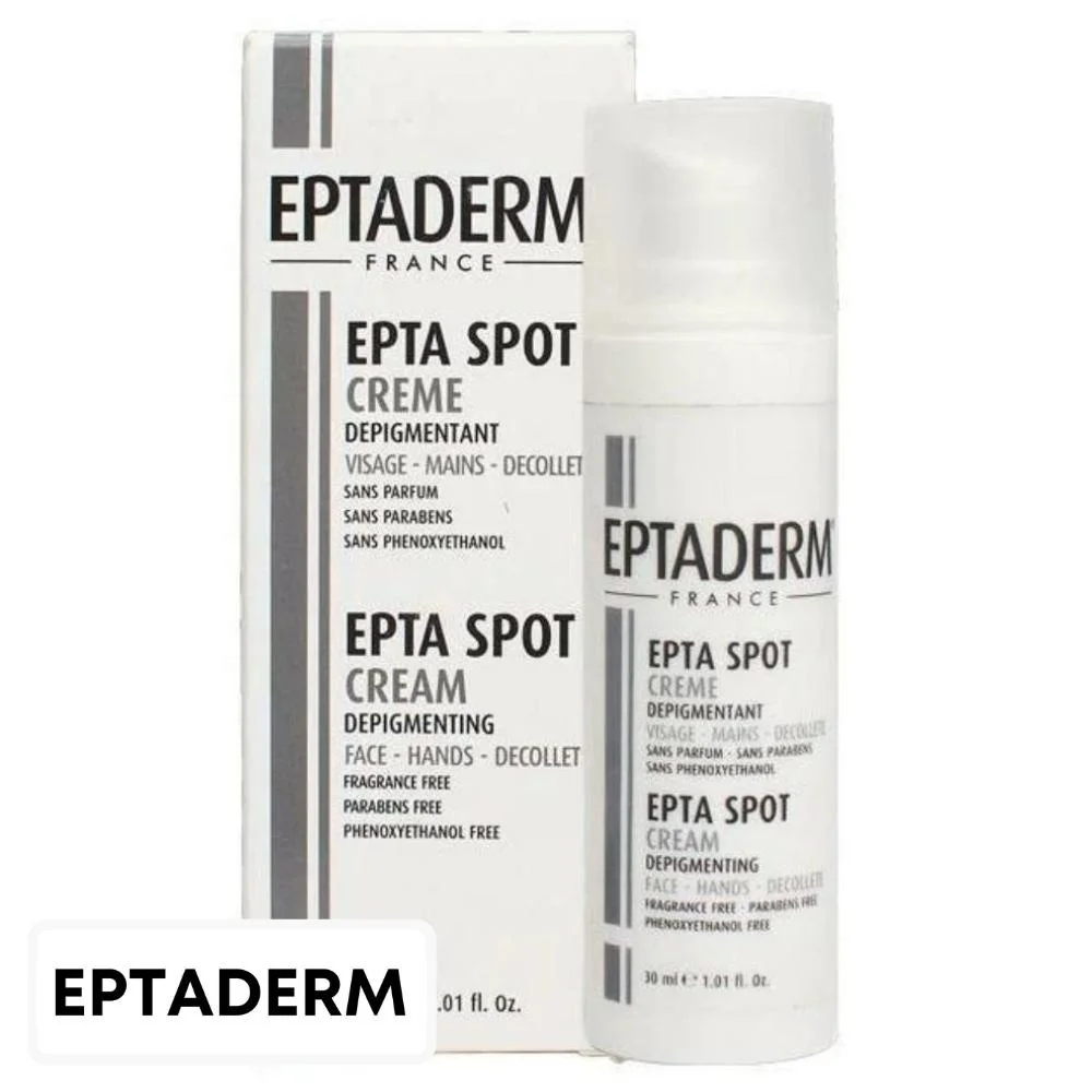 eptaderm-epta-spot-creme-depigmentante-30ml.jpg Boîte et flacon pompe blancs Eptaderm Epta Spot, crème dépigmentante sans parfum