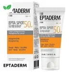Étui orange et tube blanc Eptaderm Epta Spot SPF50+, crème photoprotectrice