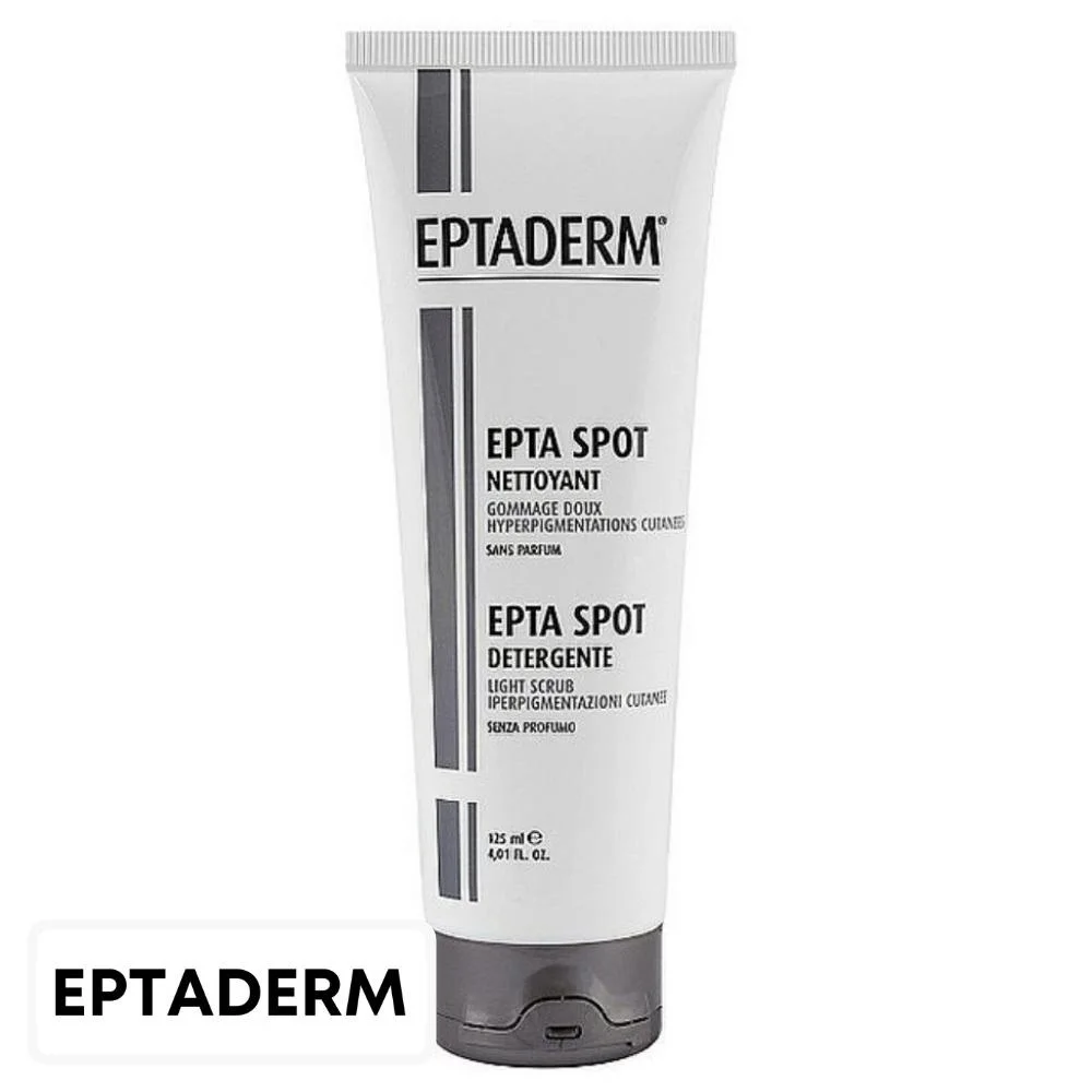 eptaderm-epta-spot-nettoyant-gommage-doux-150ml.jpg Tube blanc et gris Eptaderm Epta Spot, nettoyant gommage doux sans parfum