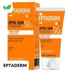 Étui orange et tube Eptaderm Epta Sun SPF50+, fluide invisible visage
