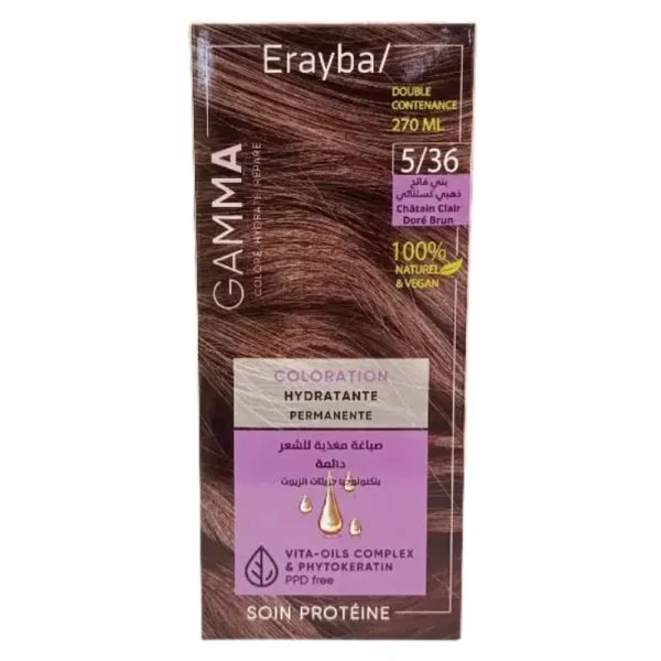 Étui Erayba Gamma coloration hydratante permanente 5/36 Châtain Clair Doré Brun 270 ml
