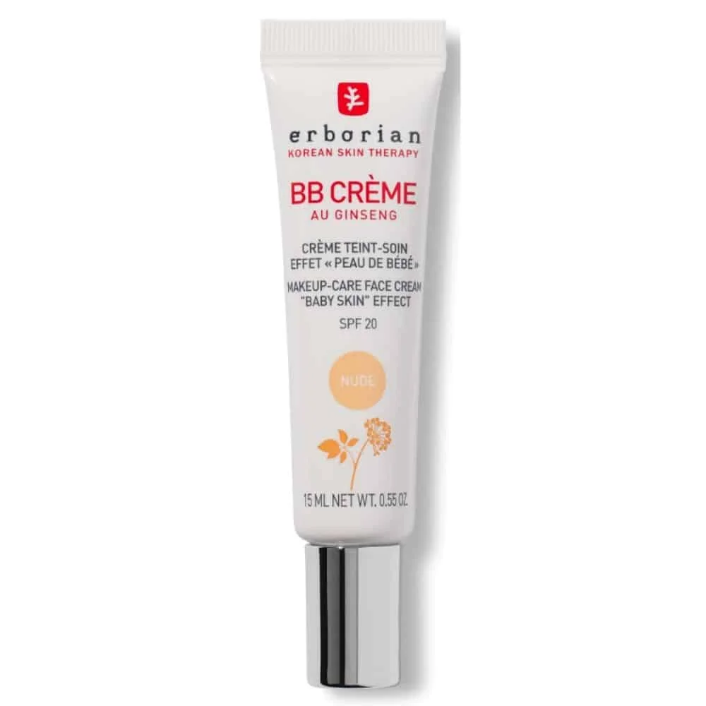 erborian-bb-creme-teint-soin-effet-peau-de-bebe-teinte-nude-spf20-15ml.jpg Tube blanc Erborian BB Crème au ginseng SPF 20, teinte Nude, 15 ml