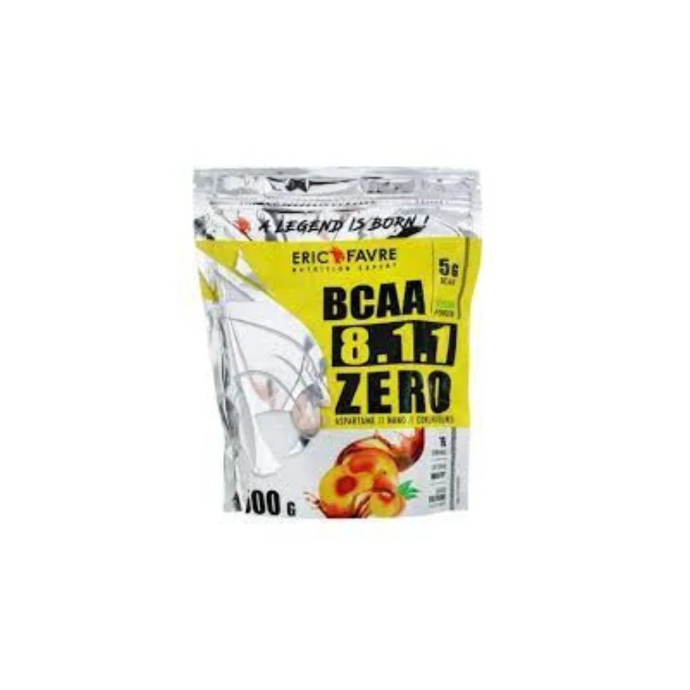 eric-favre-bcaa-811-zero-the-peche-500g.jpg Sachet argenté et jaune Eric Favre BCAA 8.1.1 Zero saveur pêche 500 g