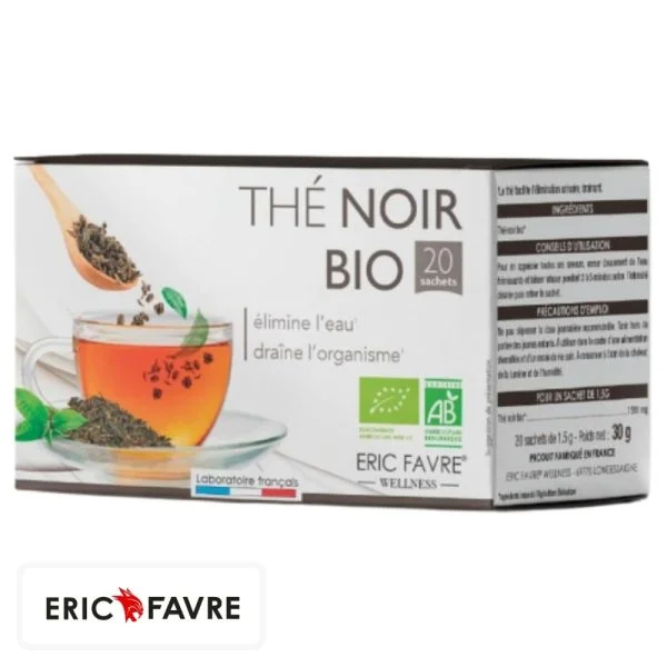 Boîte blanche et brune Eric Favre Thé noir bio, 20 sachets infusion