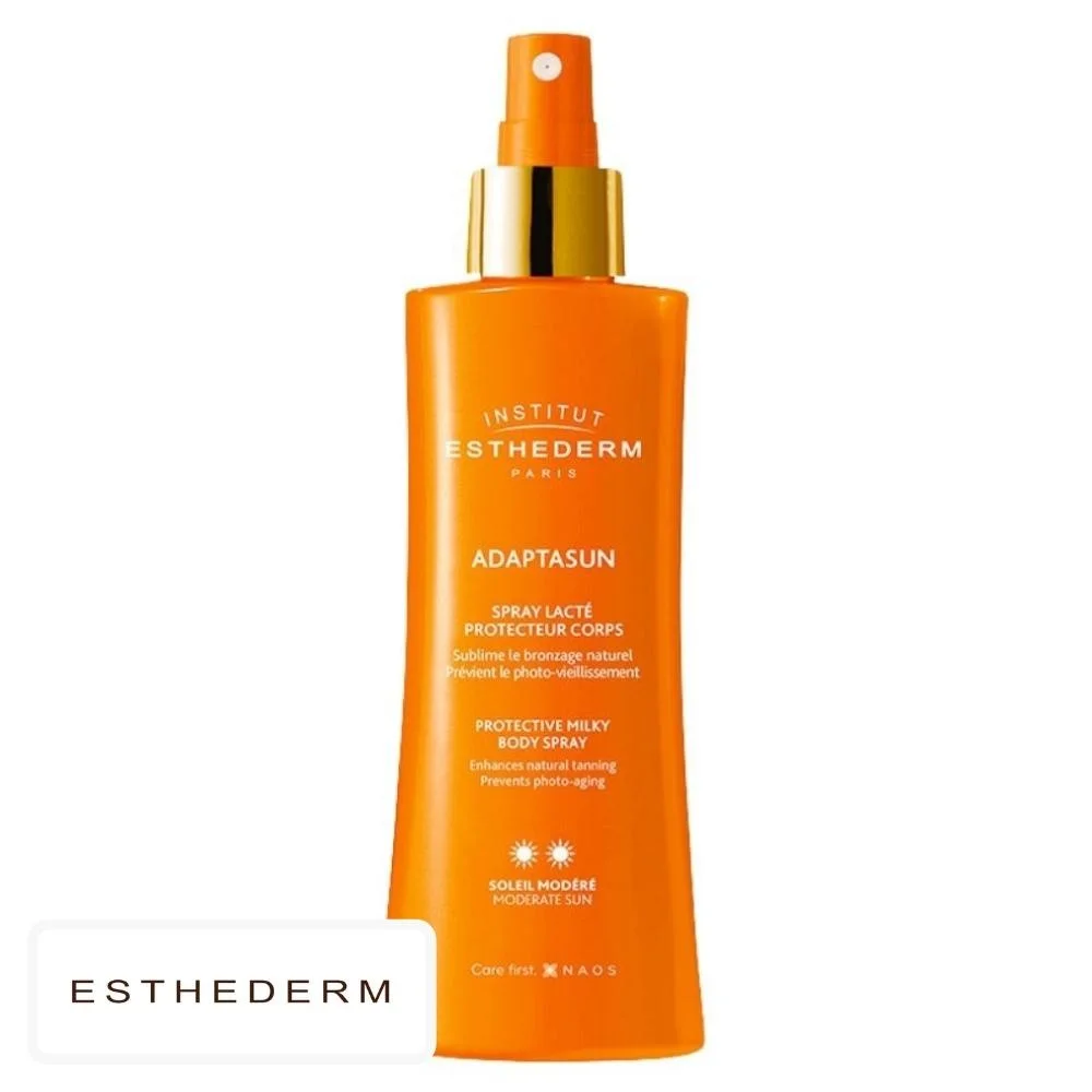 esthederm-adaptasun-spray-lacte-protecteur-corps-soleil-modere-150ml.jpg Flacon spray orange Institut Esthederm Adaptasun spray lacté protecteur corps 150 ml
