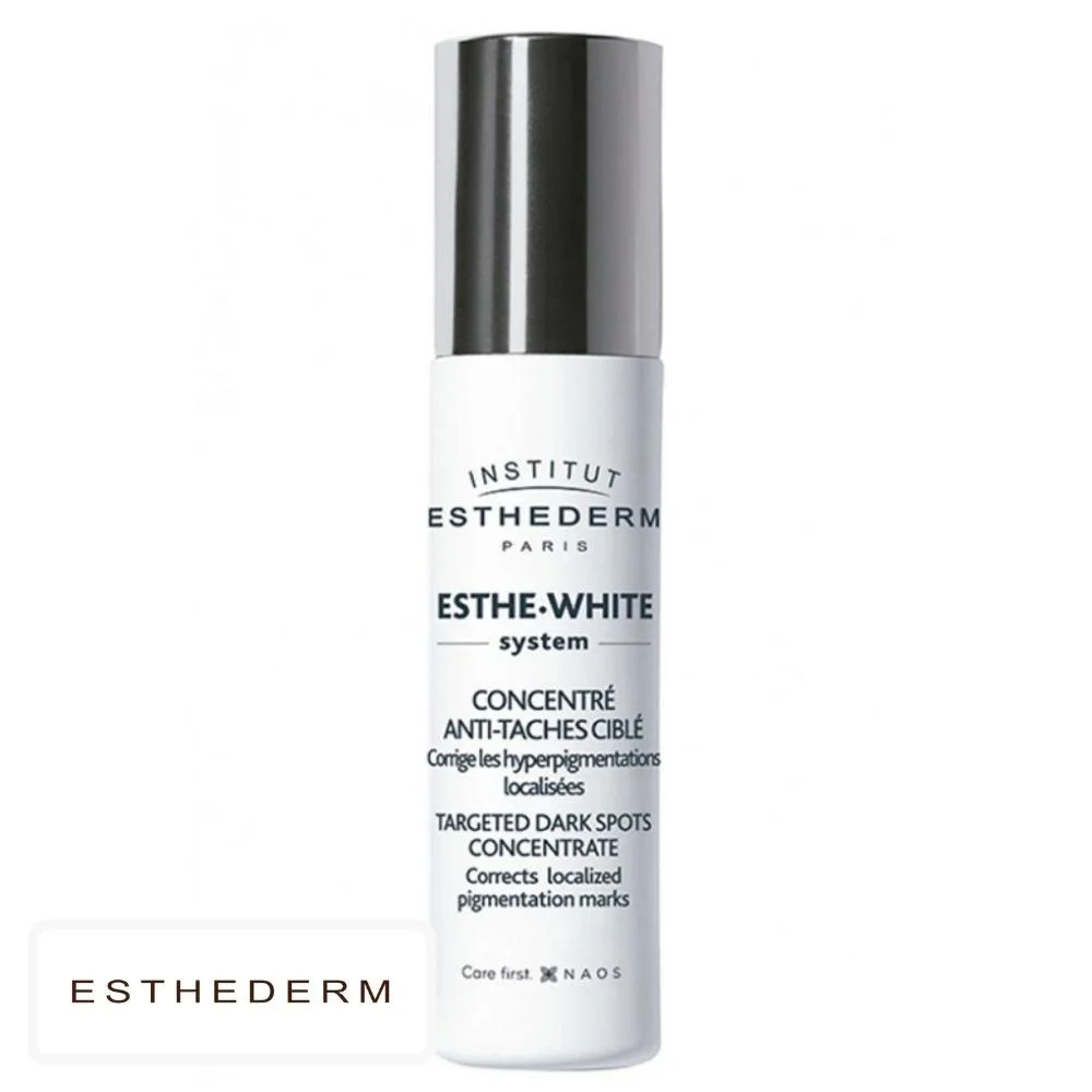 esthederm-este-white-concentre-anti-taches-cible-9ml.jpg Flacon pompe blanc capuchon noir Institut Esthederm Esthe-White concentré anti-taches 9 ml