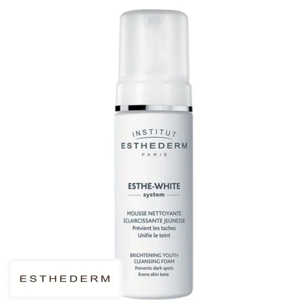 Flacon pompe blanc Esthederm Esthe-White mousse nettoyante éclaircissante jeunesse