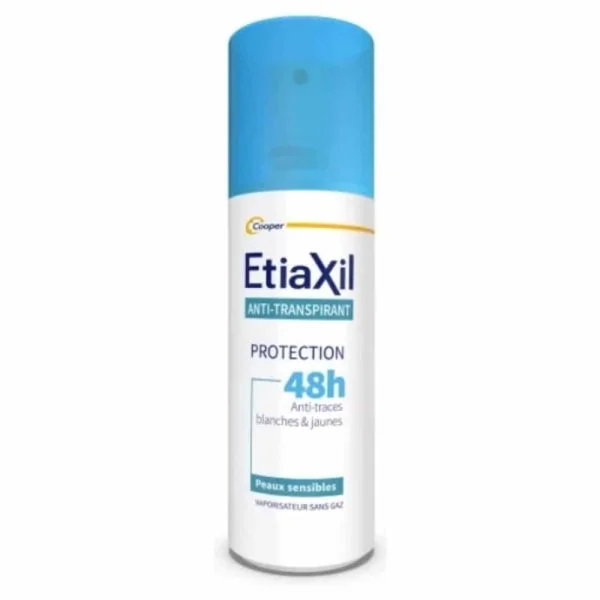 Flacon spray bleu et blanc Etiaxil anti-transpirant protection 48h 100 ml
