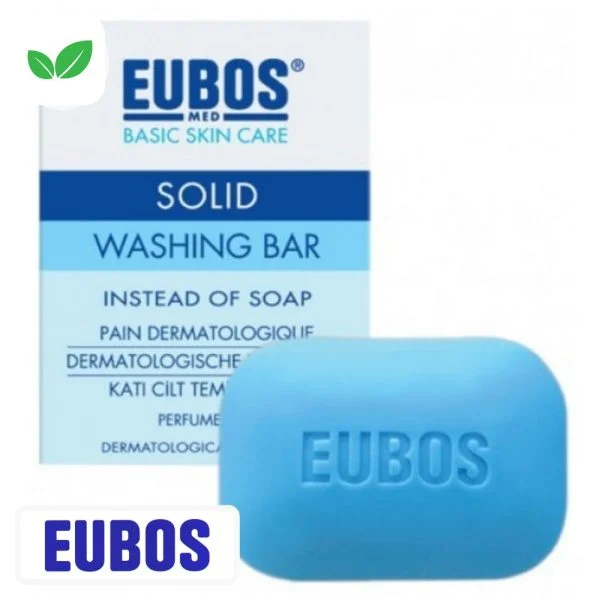 Étui bleu Eubos et pain dermatologique solide gravé de 125 g