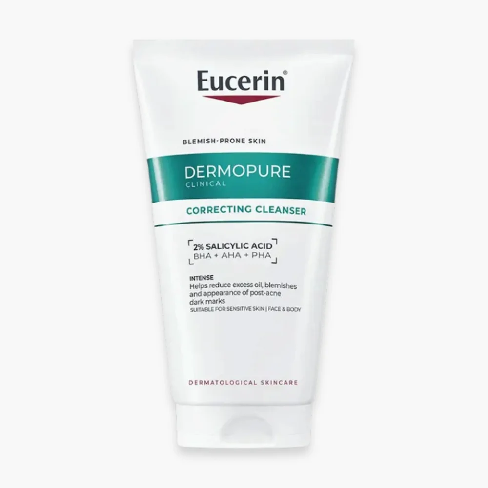 eucerin-dermopure-gel-nettoyant-triple-action-150ml.jpg Tube blanc et vert Eucerin DermoPure Clinical Correcting Cleanser 150 ml