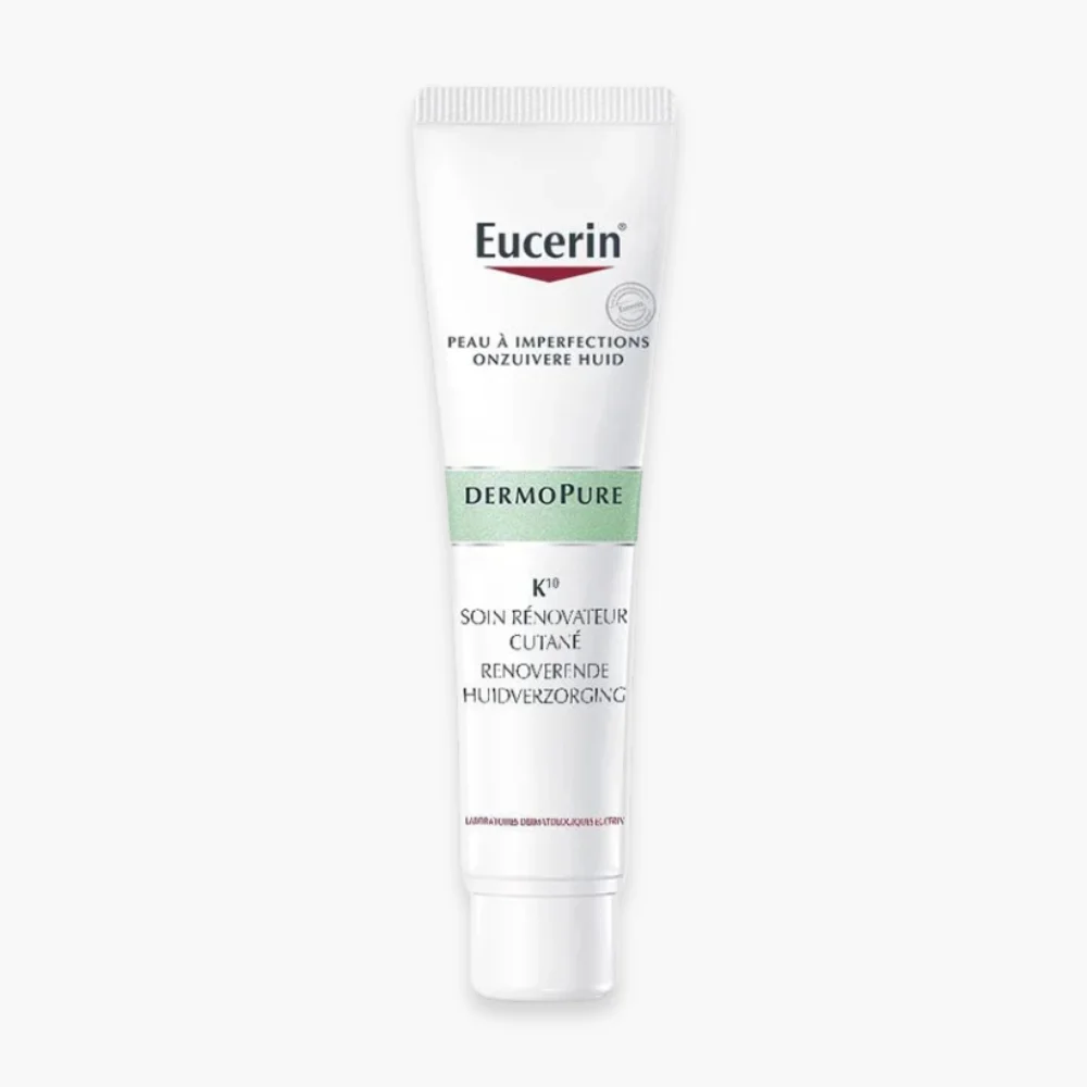 eucerin-dermopure-k10-soin-renovateur-cutane-40ml.jpg Tube blanc et vert Eucerin DermoPure K10 soin rénovateur cutané