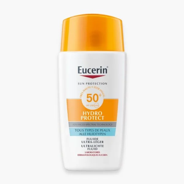 Flacon Eucerin Sun Hydro Protect SPF50+ blanc à bouchon orange vif