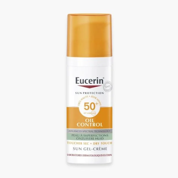 Flacon orange et blanc Eucerin Sun Oil Control SPF50+ toucher sec