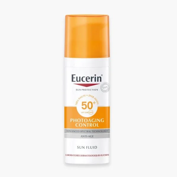 Flacon pompe Eucerin Sun Photoaging Control SPF50+ blanc et orange