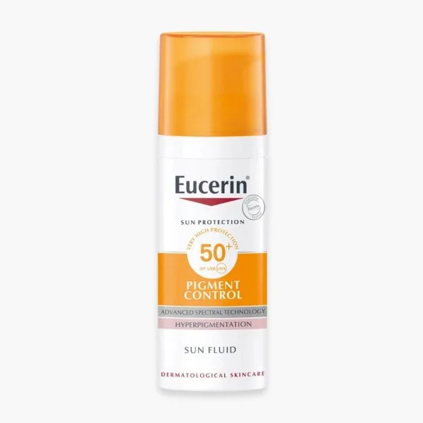 Flacon pompe Eucerin Sun Pigment Control SPF50+ blanc à bouchon orange