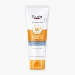 Tube Eucerin Sun Sensitive Protect SPF50+ blanc et orange, bouchon orange