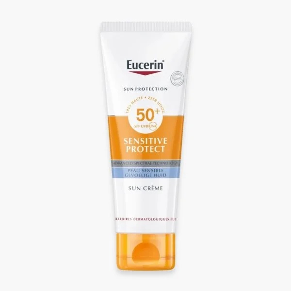 Tube Eucerin Sun Sensitive Protect SPF50+ blanc et orange, bouchon orange