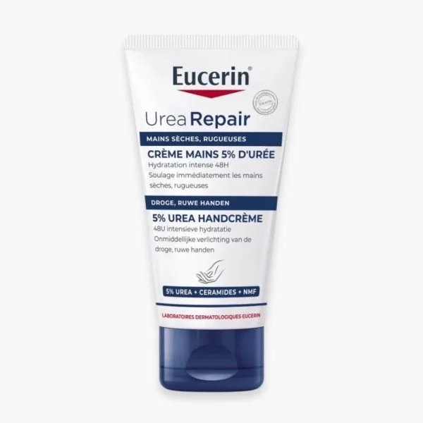 Tube Eucerin UreaRepair crème mains 5 % d'urée blanc à capuchon bleu