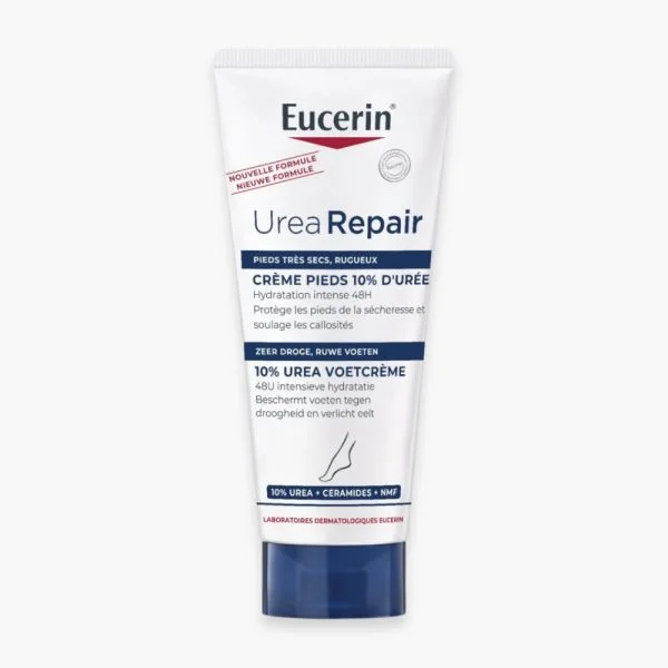 Tube Eucerin UreaRepair crème pieds 10 % d'urée blanc et bleu foncé