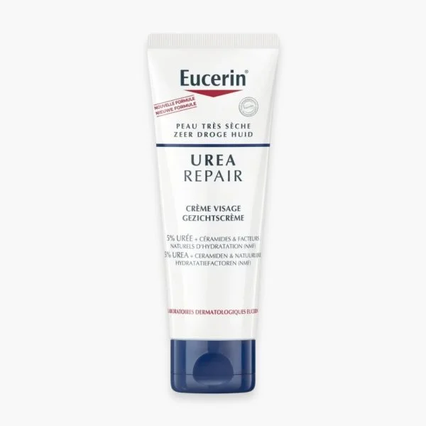 Tube Eucerin UreaRepair crème visage 5 % d'urée blanc à bouchon bleu
