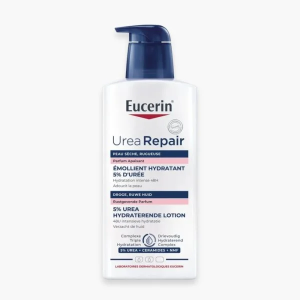 Flacon pompe Eucerin UreaRepair émollient hydratant 5 % d'urée blanc et bleu
