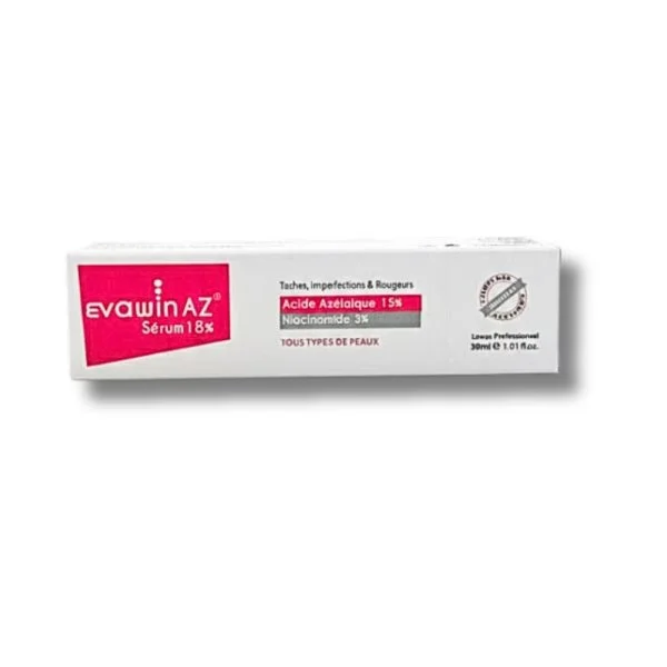 Étui blanc et rose Evawin AZ Sérum 18 % flacon de 30 ml