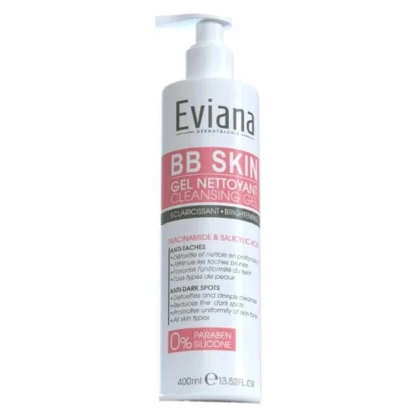 Flacon pompe blanc et rose Eviana BB Skin Gel Nettoyant 400 ml