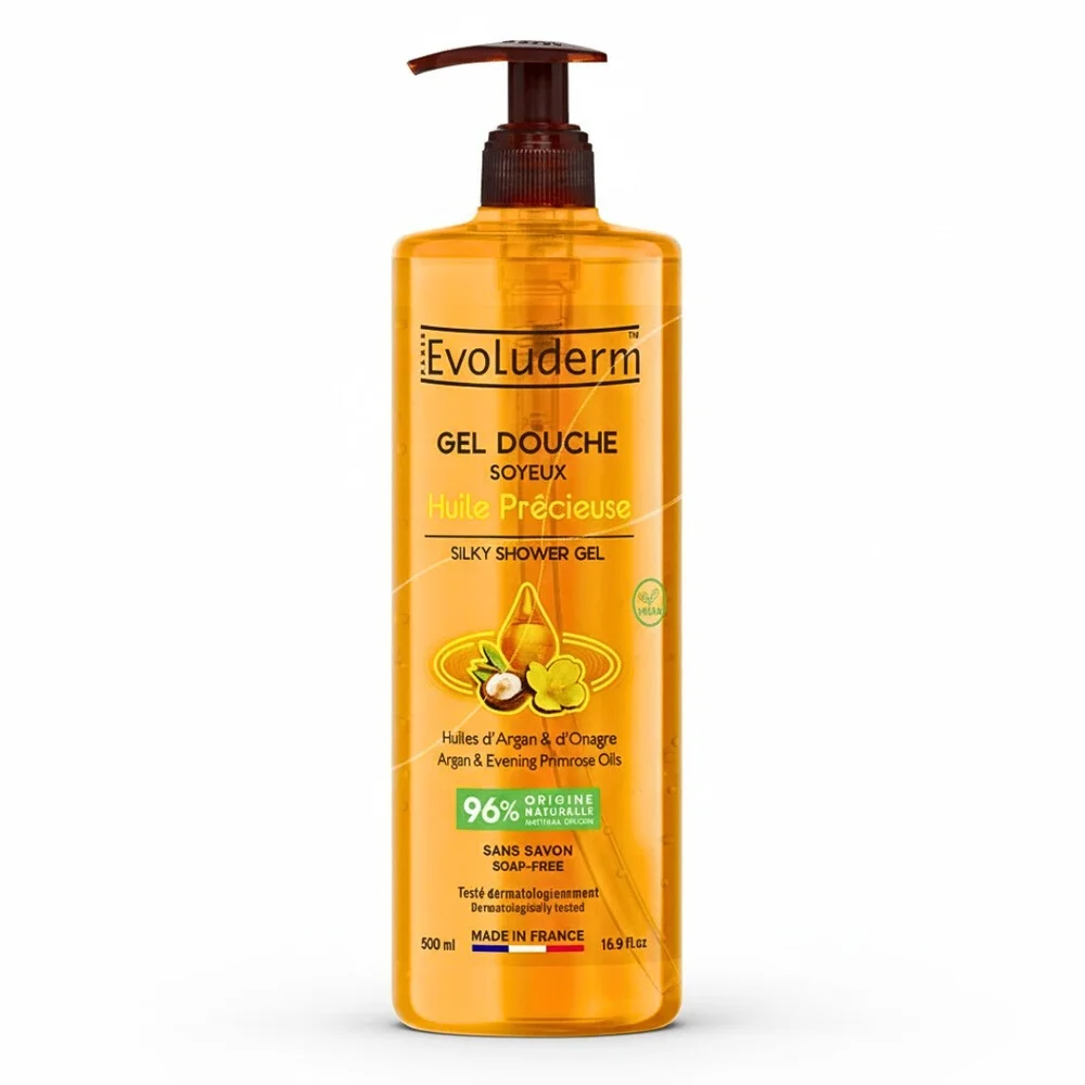 evoluderm-gel-douche-huile-precieuse-500ml.jpg Flacon pompe ambré Evoluderm Gel Douche Soyeux Huile Précieuse 500 ml