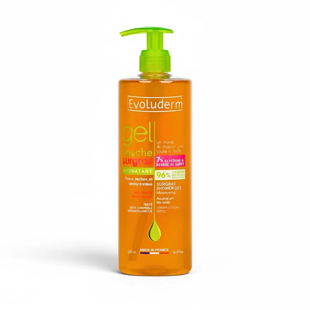 evoluderm-gel-douche-surgas-500ml.jpg Flacon pompe orange Evoluderm Gel Douche Surgras Hydratant 500 ml