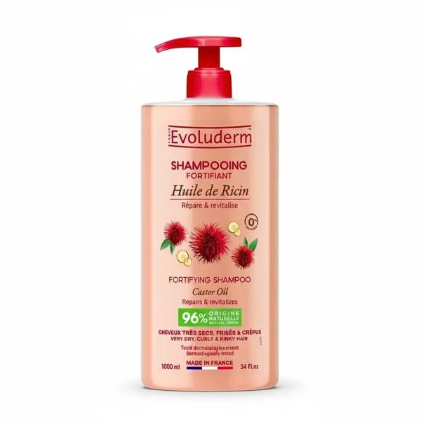 Flacon pompe rose Evoluderm Shampooing Fortifiant Huile de Ricin 1000 ml