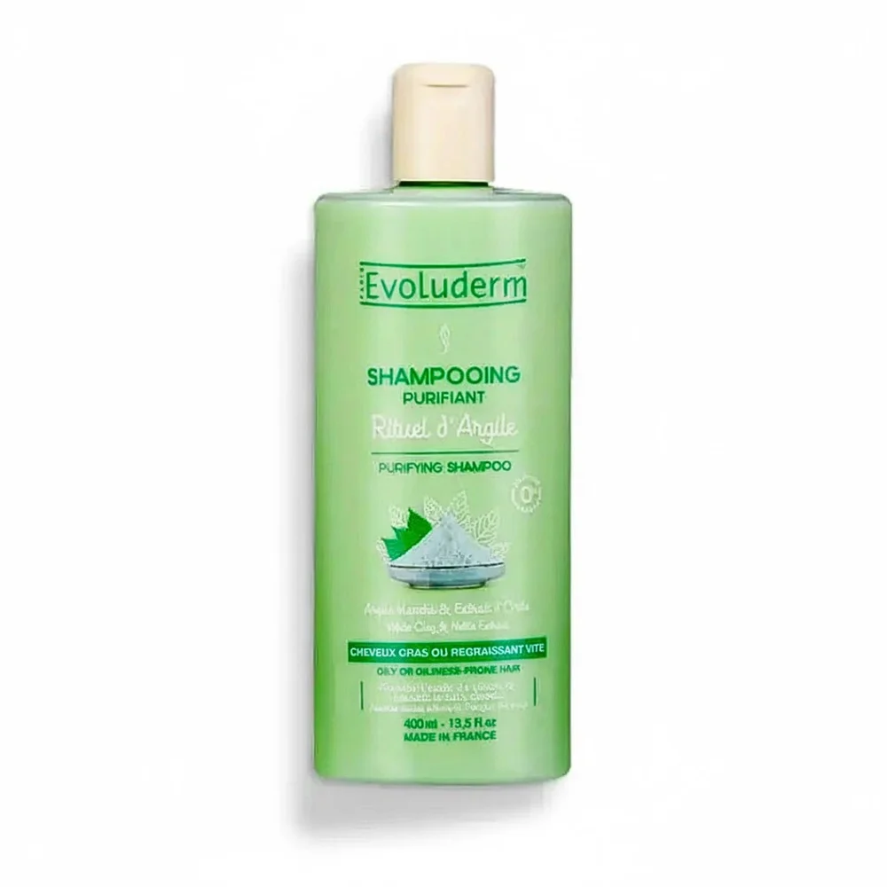 evoluderm-shampoing-secret-dargile-400ml.jpg Flacon vert Evoluderm Shampooing Purifiant Rituel d'Argile 400 ml